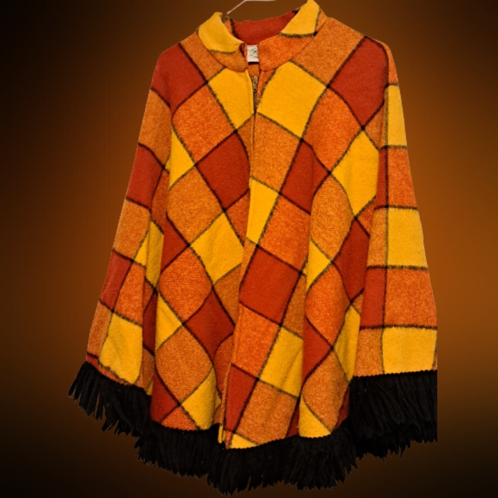 Vintage "Country Place" Cape, Small to Medium, Rust, Yellow, and Black plaid.